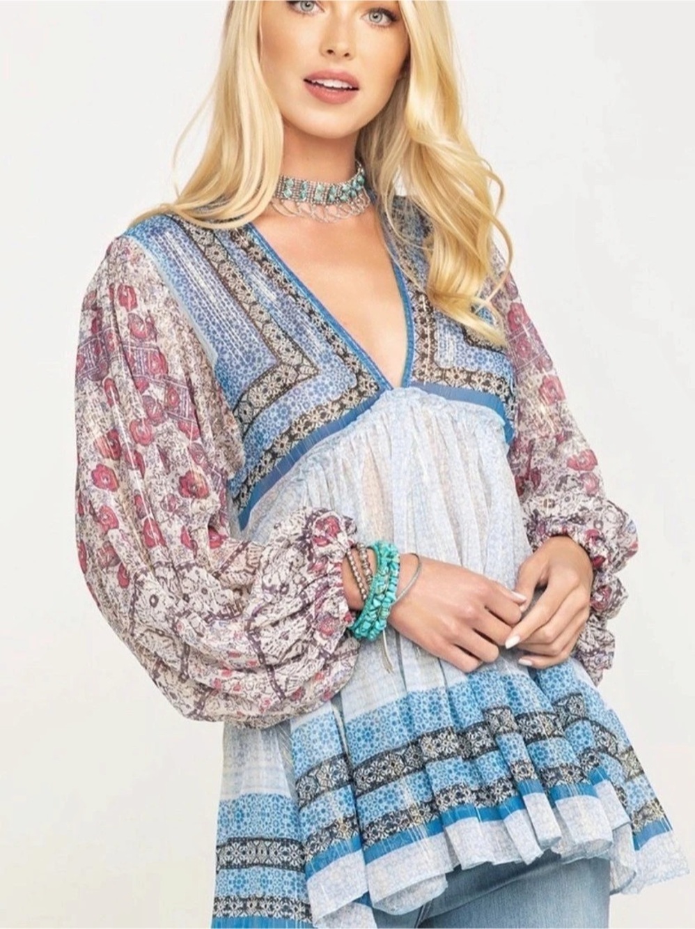 Free People Aliyah Printed Tunic Blue & Pink Size Large (B5)
